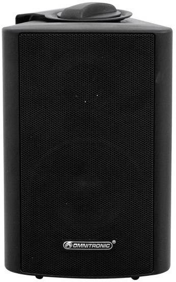 Un altoparlante nero Omnitronic, di forma rettangolare con angoli arrotondati, con griglia frontale, adatto per eventi indoor o outdoor.