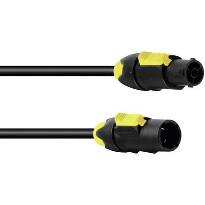 Due cavi di bloccaggio nero e giallo con spine su entrambe le estremità, adatti per connessioni di attrezzature audio e luci.