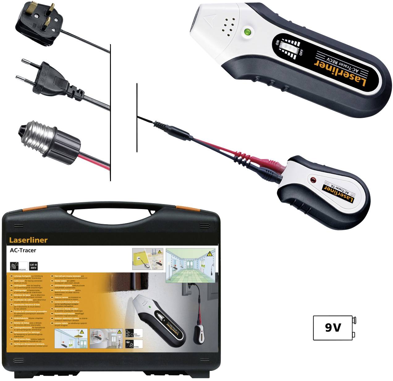 Un Laserliner AC-Tracer per la localizzazione di linee. Contiene dispositivo manuale, adattatore, valigetta e connettore a 9V. Rintraccia cavi e linee elettriche.