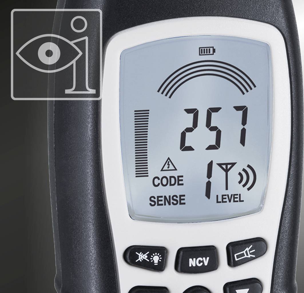 Un dispositivo di misurazione digitale mostra 'Codice 1, Sensore, Livello' insieme a un grande numero 257 sul display. Contiene pulsanti del sensore in basso.