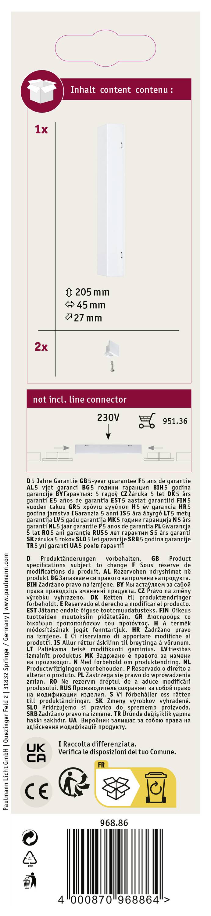 Etichetta della confezione di un caricabatterie con marchio CE. Contiene un'illustrazione del caricabatterie, una vite, dettagli tecnici e simboli di sicurezza.