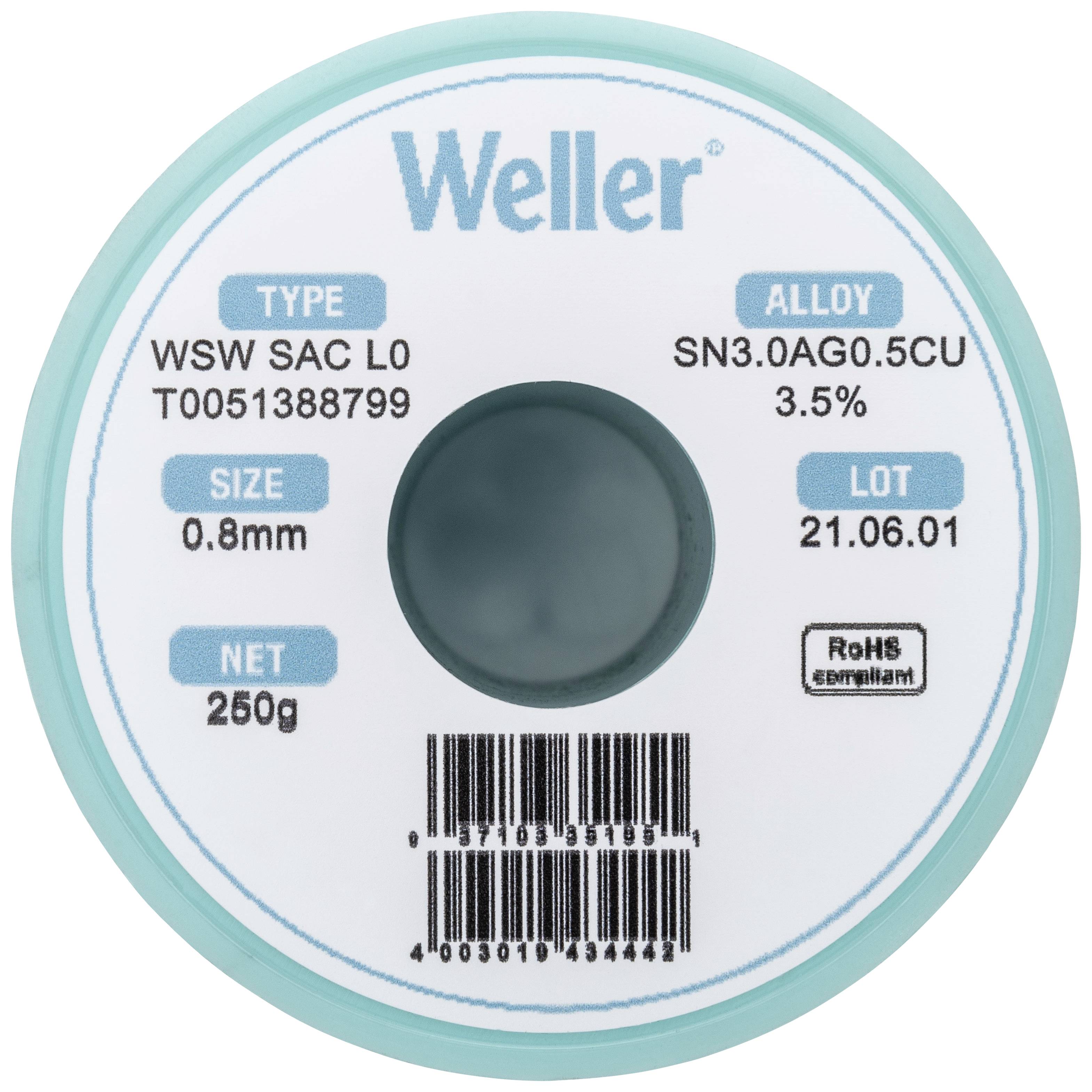 Bobina di stagno per saldatura con iscrizione 'Weller', tipo: WSW SAC L0, dimensione: 0,8 mm, 250 g, lega: SN3.0AG0.5CU 3,5%, lotto: 21.06.01, conforme a RoHS.