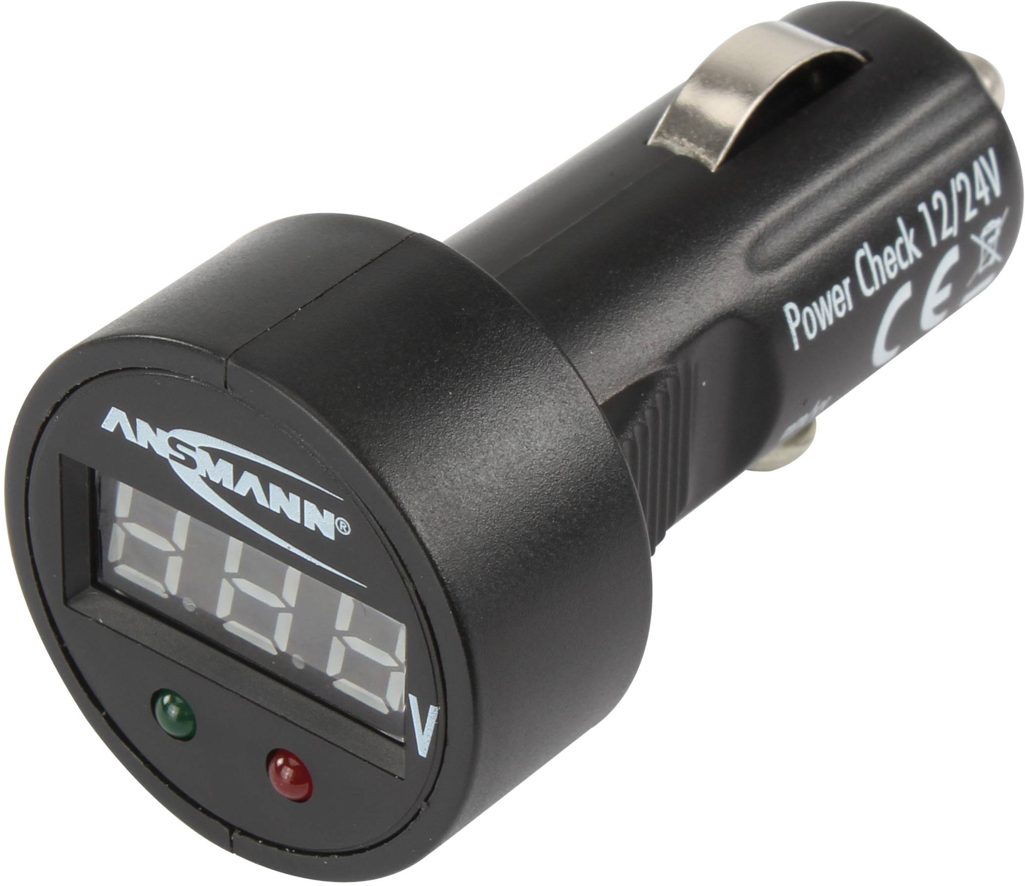 Un misuratore di tensione nero per l'accendisigari con display LED e due spie di controllo per verificare la tensione della batteria.