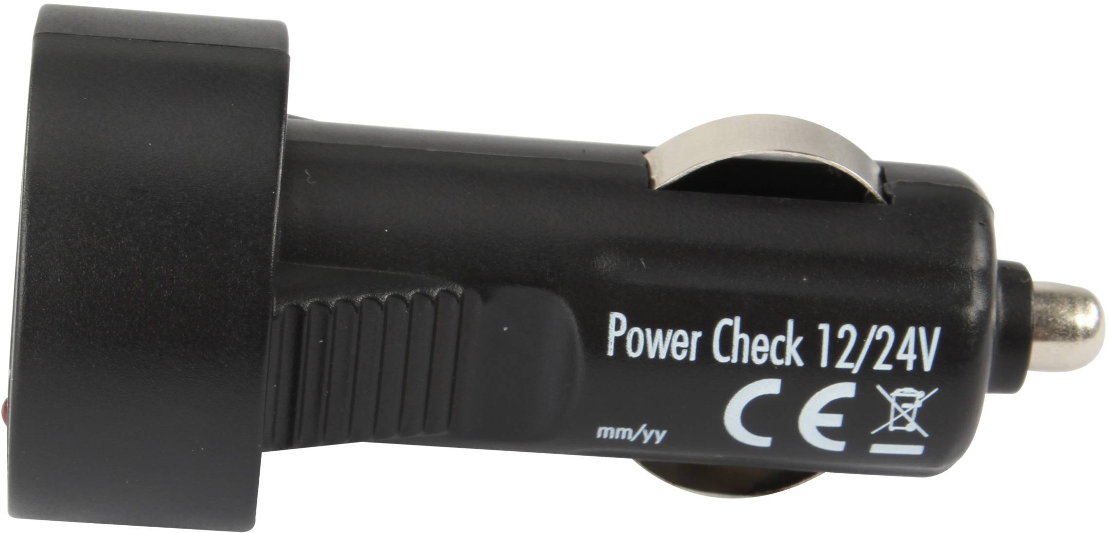 'Power Check 12/24V' Adattatore di rete per veicoli, forma cilindrica nera, con marchio CE. Adatto per veicoli a 12V e 24V.
