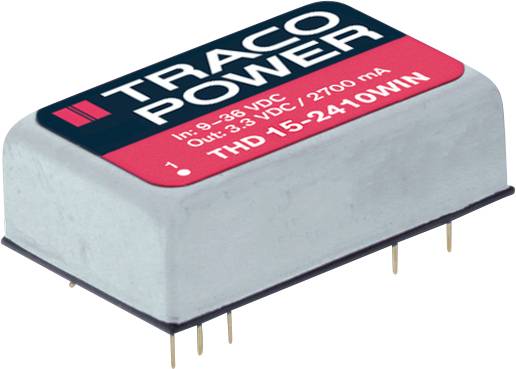 Modulo convertitore DC-DC Traco Power isolato etichettato "THD 15-2410WIN" con specifiche di tensione ingresso/uscita su sfondo bianco.