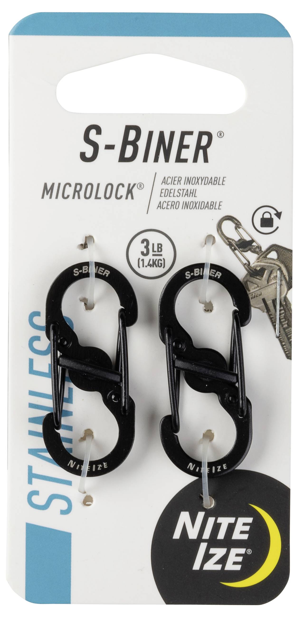 'Nite Ize S-Biner MicroLock', nero, moschettoni in acciaio inossidabile, capacità di carico di 3 lb, design a doppia porta, su scheda prodotto.