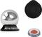 Supporto per telefono magnetico 'Nite Ize' e componenti, che include una sfera cromata con base nera, un dischetto adesivo nero rotondo e un disco magnetico rosso etichettato 'Steelie'.
