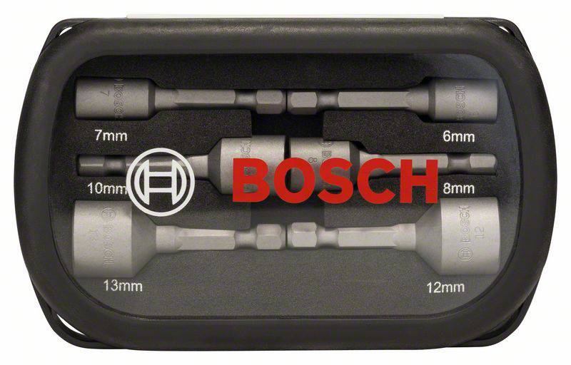 Un set di adattatori per dadi Bosch in diverse dimensioni (da 6mm a 13mm) in una scatola nera. Logo Bosch visibile al centro.