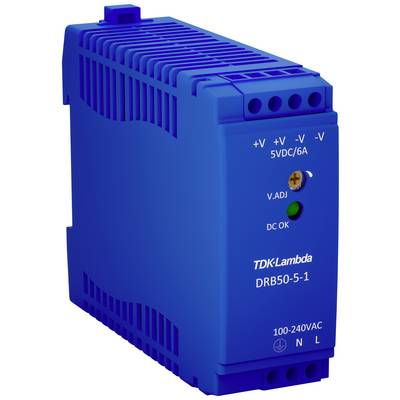 Un modulo di alimentazione blu TDK-Lambda, modello DRB50-5-1, mostra ingressi e uscite per un design elettrico a risparmio energetico.