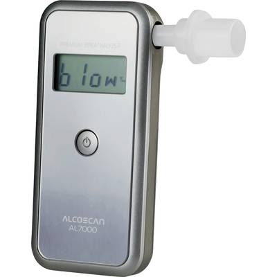 Un misuratore di alcol d'argento con display e boccaglio mostra il testo 'Blow'.