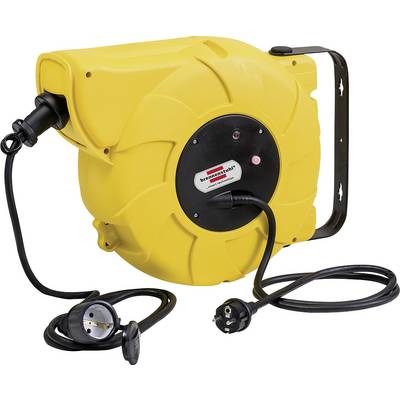 Avvolgitore di cavo elettrico retrattile giallo con prese montate e cavi elettrici neri collegati su un telaio con maniglia.