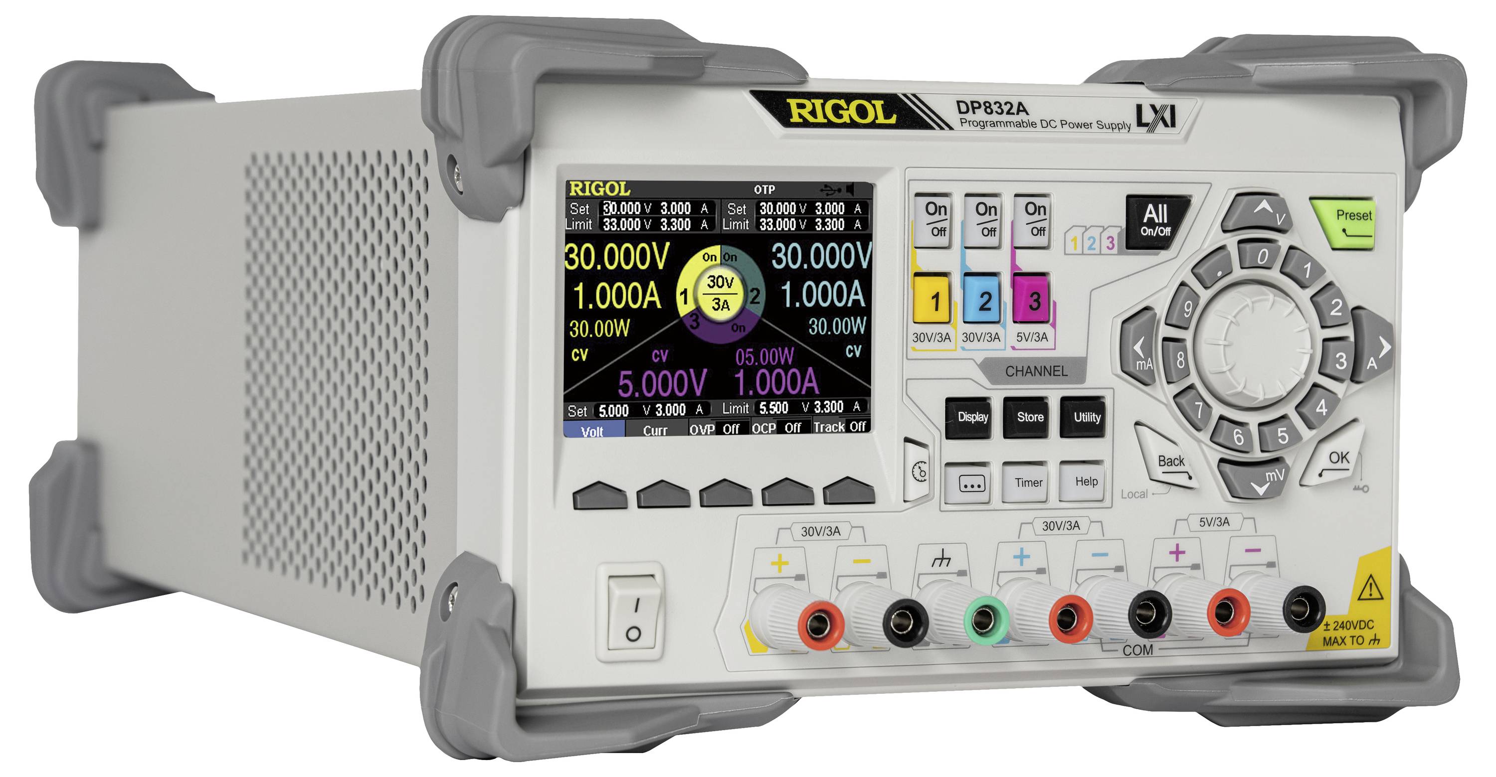 Alimentatore DC programmabile Rigol DP832A con display digitale che mostra valori di tensione e corrente, con diversi ingressi e comandi.