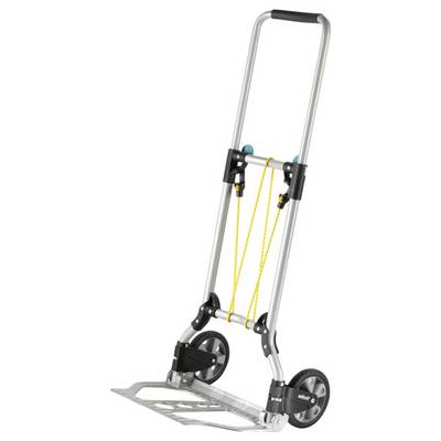 Carrello pieghevole a due ruote con cavi di traino gialli. Ideale per il trasporto di oggetti pesanti. Robusto e pieghevole in modo compatto.