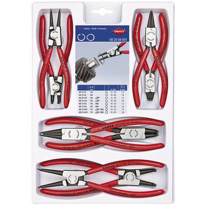 Set di pinze 'Knipex' di colore rosso in confezione di plastica, con illustrazione e tabella delle specifiche delle pinze su carta al centro.