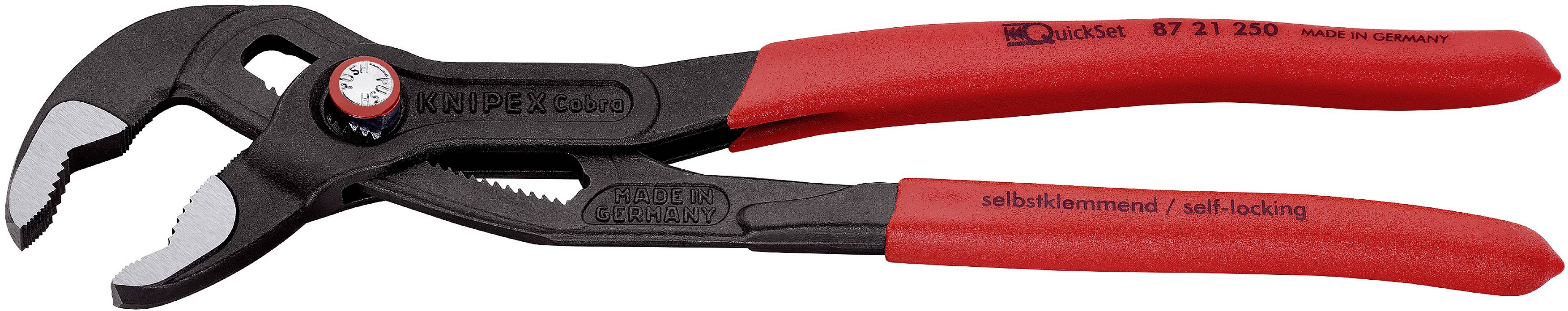 Pinza regolabile per pompa dell'acqua in metallo rosso con impugnature antiscivolo, ganasce regolabili e incisione 'self-locking'.