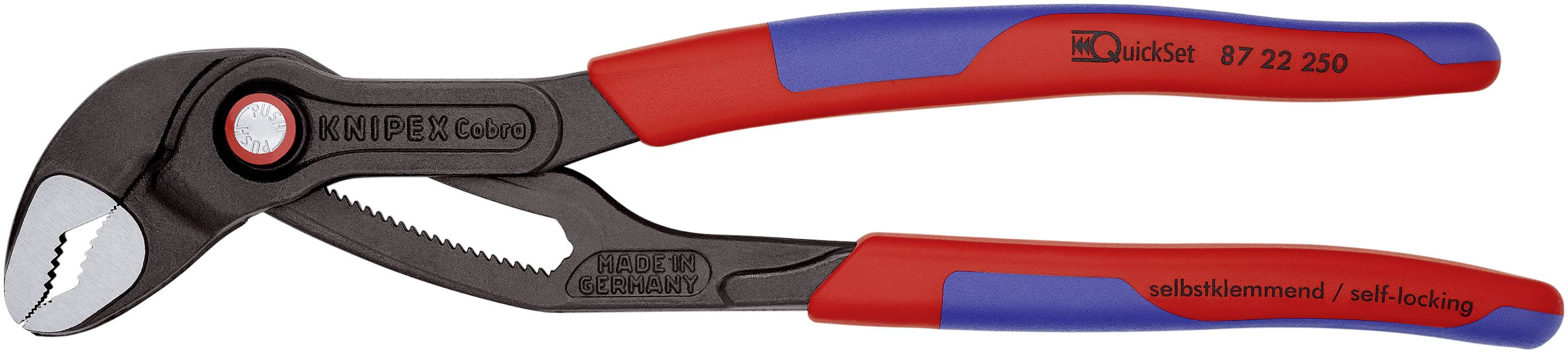 Una pinza regolabile con impugnature rosse e blu. La testa è nera e presenta superfici di presa dentellate per una presa salda.