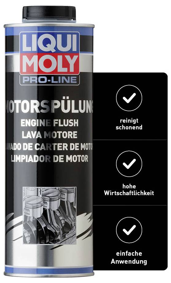 Dose con 'Liqui Moly Pro-Line Lavaggio Motore'. Testo sulla dose: 'Lavaggio Motore'. Accanto alla dose simboli con segni di spunta: 'pulizia delicata', 'alta efficienza', 'applicazione semplice'.