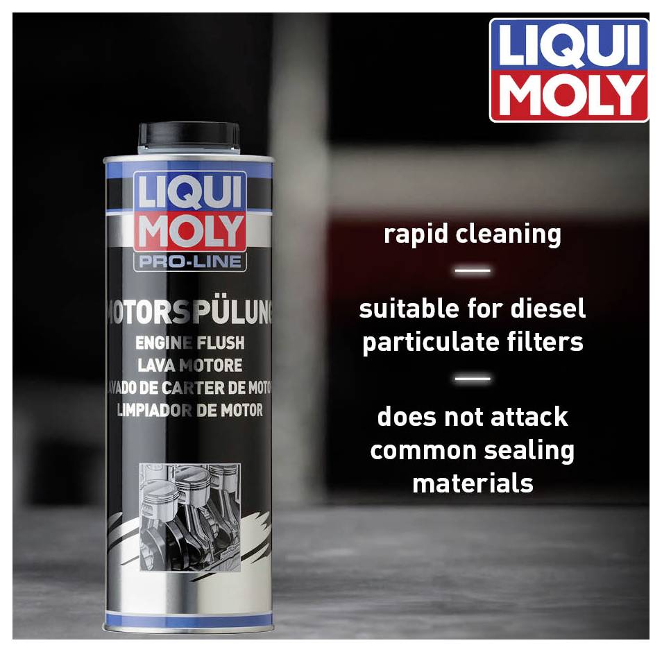 Bottiglia di Liqui Moly Pro-Line Lavaggio Motore con testo: 'pulizia rapida, adatto per filtri antiparticolato diesel, neutro nei confronti dei materiali di tenuta comuni'.