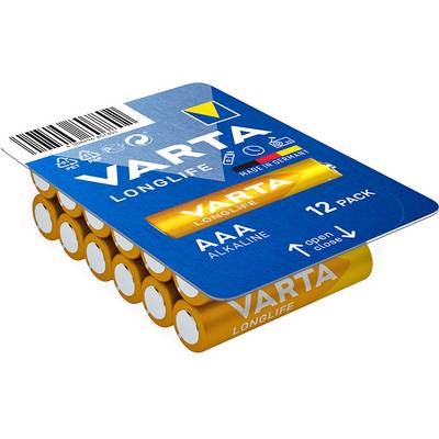 Una confezione con 12 batterie alcaline AAA Varta Longlife. Imballaggio blu, con logo Varta giallo e scritta 'Made in Germany'.