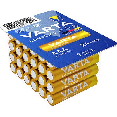 Un pacco da 24 batterie Varta AAA Alkaline. Confezione in blu e giallo, con l'indicazione 'LONGLIFE' e 'Made in Germany'.