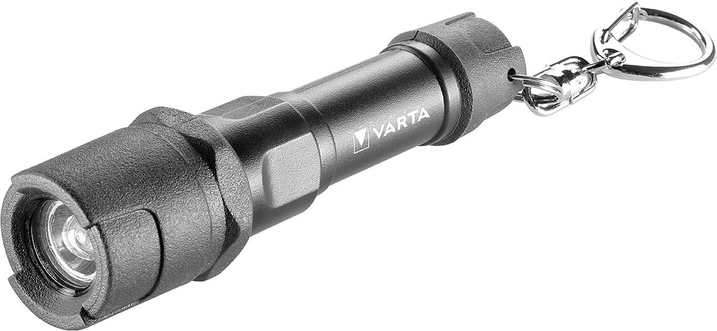 Una piccola torcia nera con un anello portachiavi in metallo all'estremità. Porta il logo 'VARTA'.
