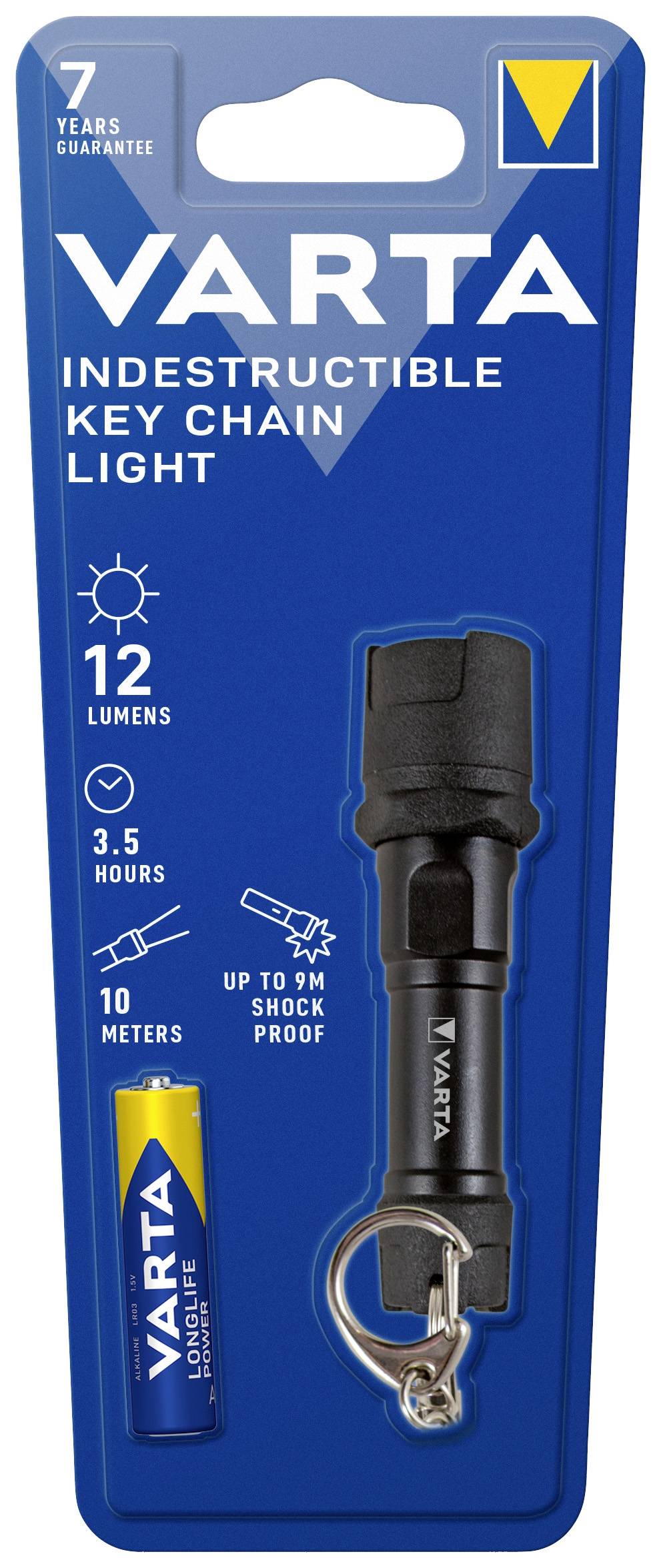 'Torcia portachiavi. 12 lumen, durata di funzionamento di 3,5 ore. Impermeabile, resistente agli urti fino a 9m. Include batteria Varta.'