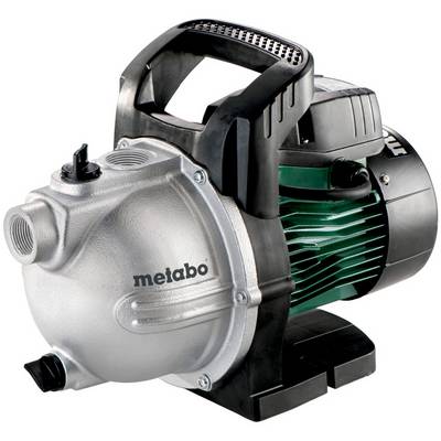 Pompa d'acqua elettrica portatile con maniglia nera e corpo motore verde, marchio 'metabo', fotografata su sfondo bianco.