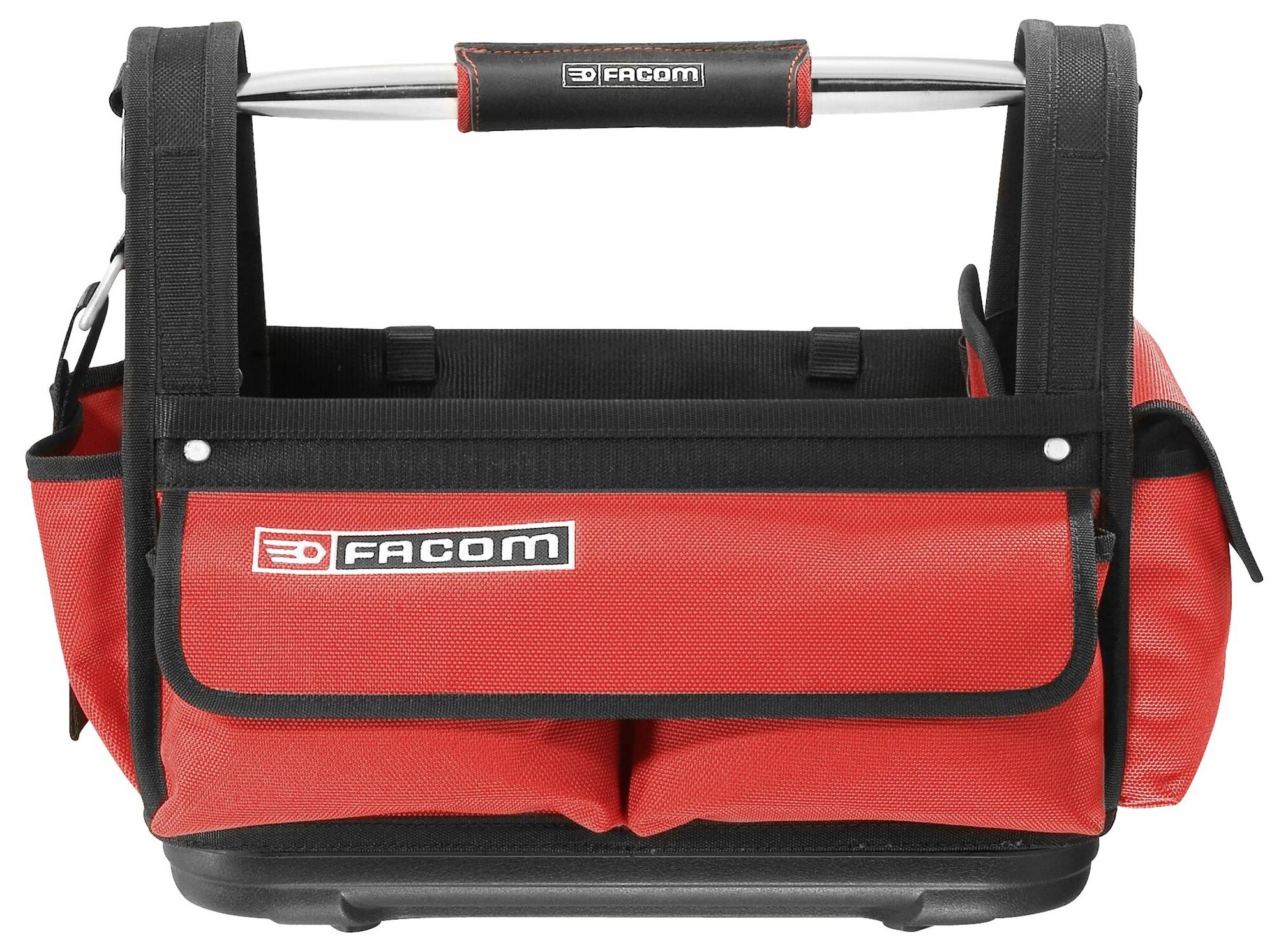 Borsa porta attrezzi rossa e nera con il logo di un produttore sul lato frontale, design robusto e diversi tasche laterali.