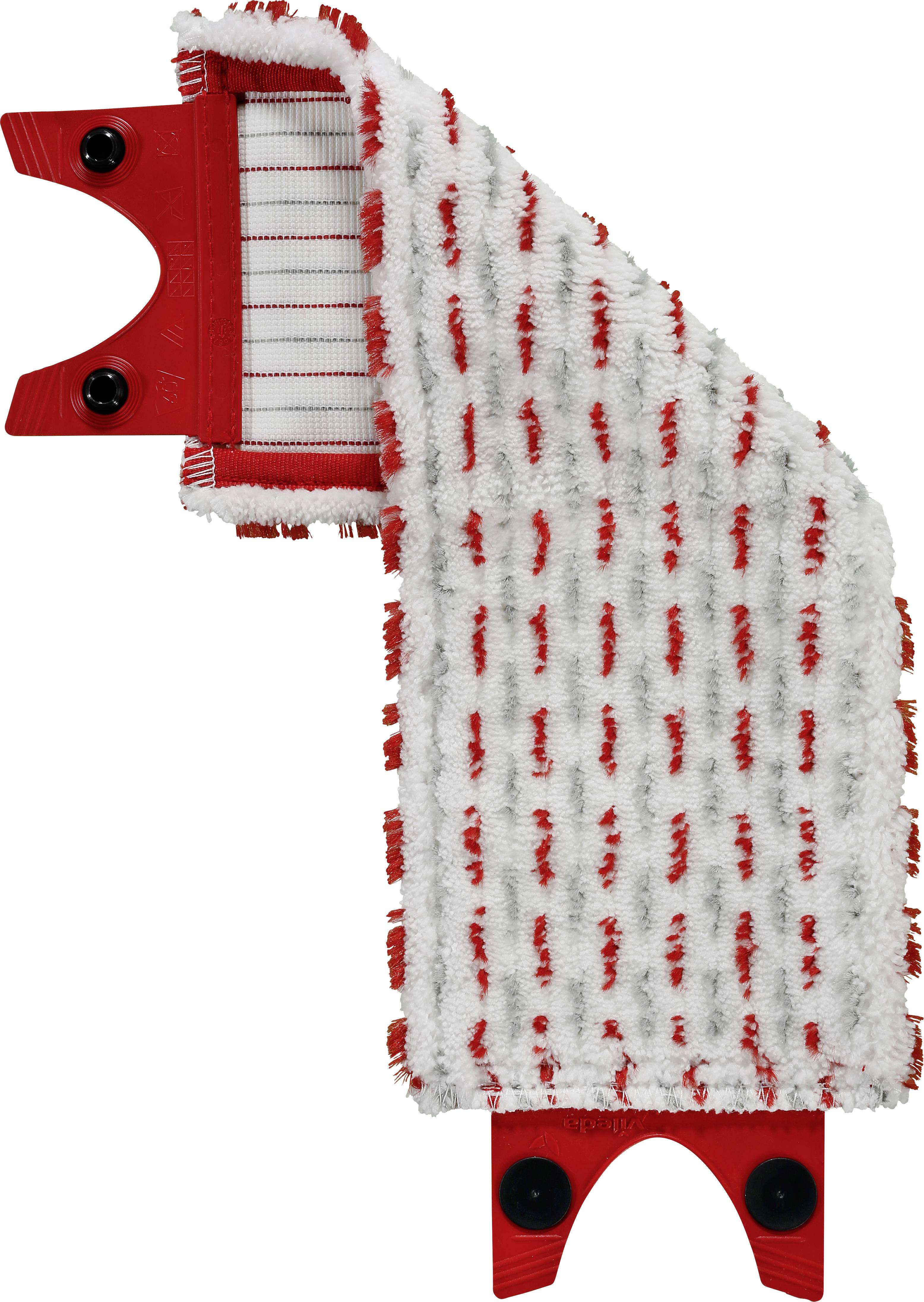 Un pad per la pulizia rosso e bianco con setole, fissato a un supporto di plastica rossa. Ha una forma angolabile, adatto per dispositivi di pulizia.