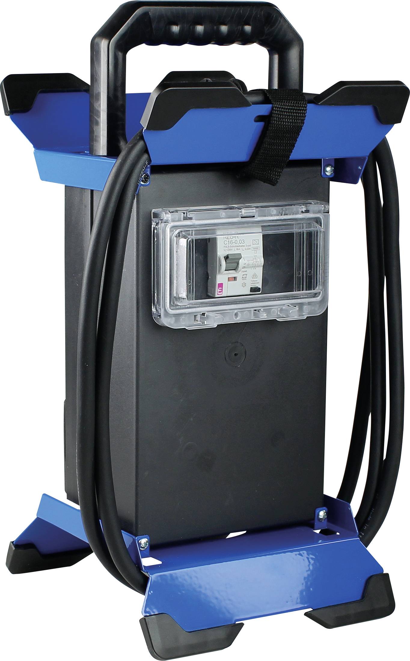Distributore elettrico da cantiere con involucro blu, manico di trasporto e coperchio protettivo trasparente per prese e interruttori.