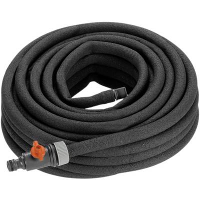 Tubo di irrigazione nero, arrotolato a spirale, con valvola arancione e raccordo grigio all'estremità.