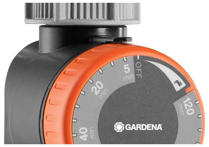 Timer per acqua Gardena con quadrante numerato da 0 a 120 minuti, con dettagli arancioni e manopola di controllo grigia.