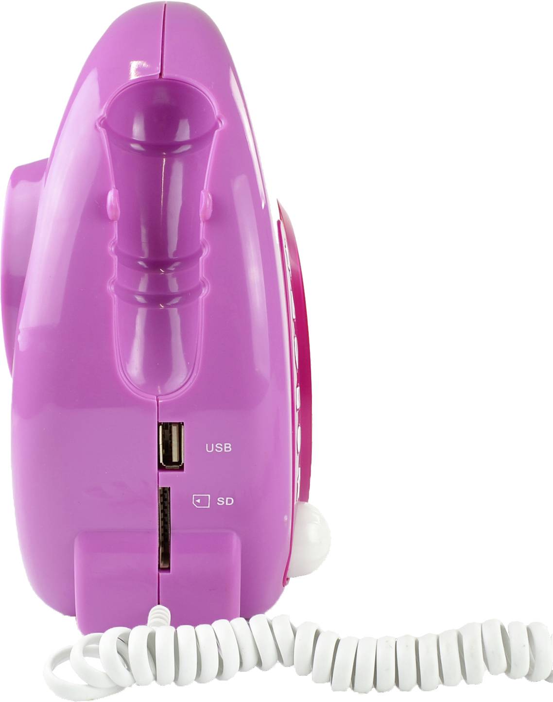 Un telefono retrò rosa con porte USB e SD sul lato e un cavo a spirale.