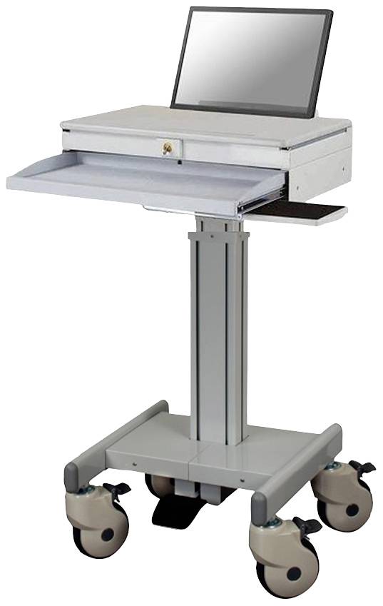 Un tavolo per computer mobile con ruote, regolazione dell'altezza e supporto per laptop. Ideale per ambienti di lavoro flessibili.