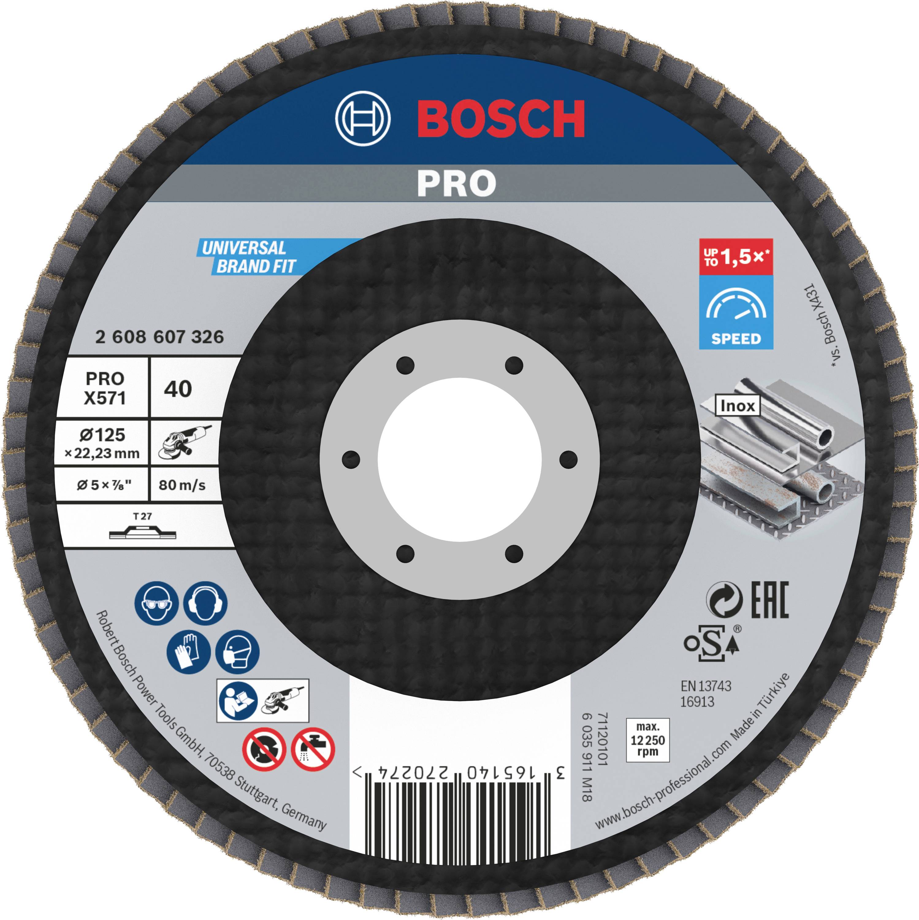 Disco abrasivo con logo Bosch. Testo: 'PRO', 'Adattabilità Universale', per Inox, dimensioni 125x5x22,23 mm, velocità 80 m/s.