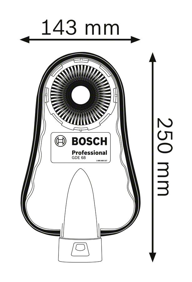 La figura mostra un aspiratore professionale Bosch GDE 68 con dimensioni di 143 mm di larghezza e 250 mm di altezza.