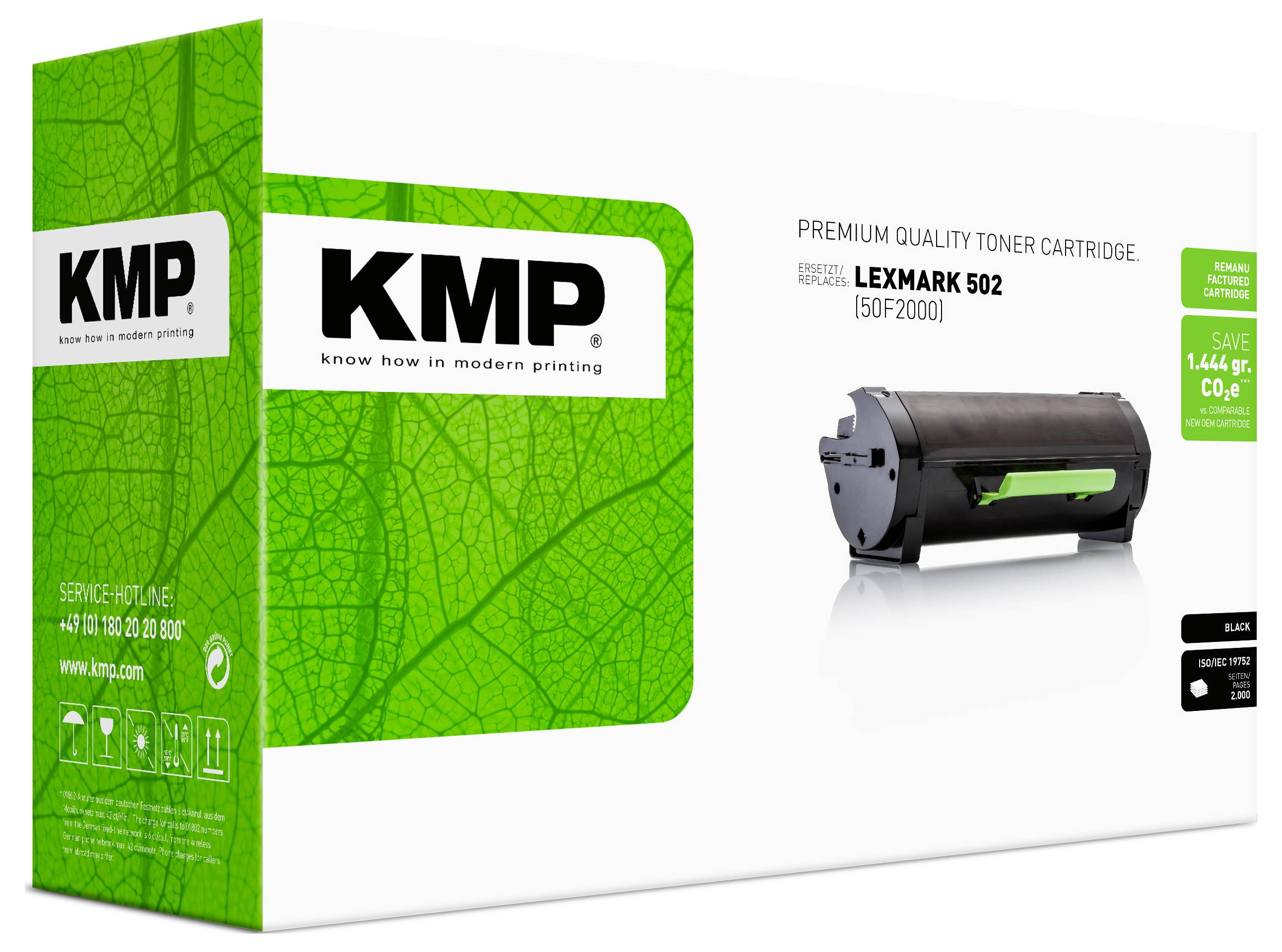 Confezione cartuccia toner di qualità premium KMP per Lexmark 502/F2000, che mostra una cartuccia toner nera e il marchio KMP verde.