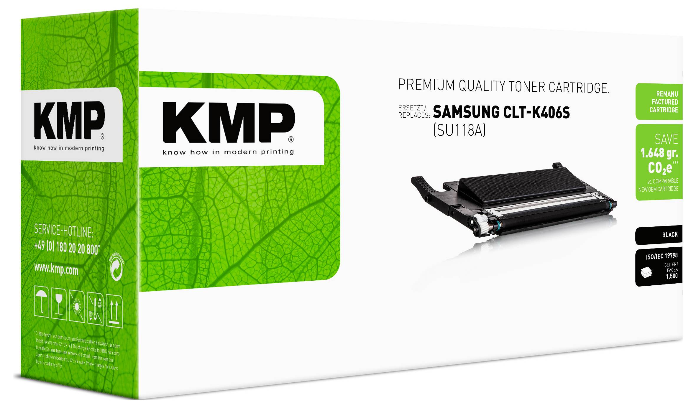 Confezione di cartuccia di toner KMP di qualità premium per Samsung CLT-K406S, che mostra una cartuccia di toner nera e i dettagli del prodotto su una scatola bianca con branding verde.