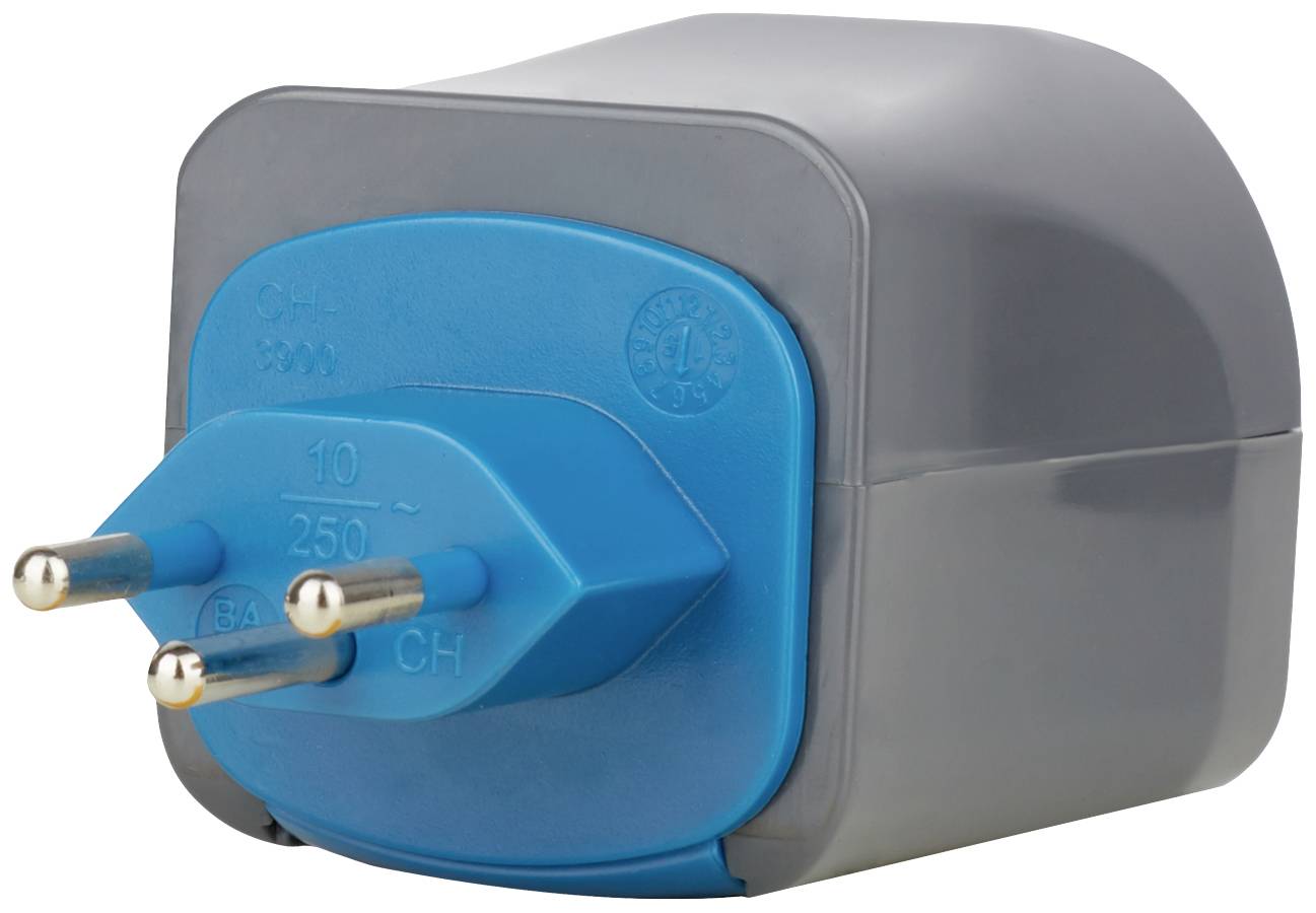 Adattatore con due spine rotonde e un involucro blu; adatto per prese elettriche europee.