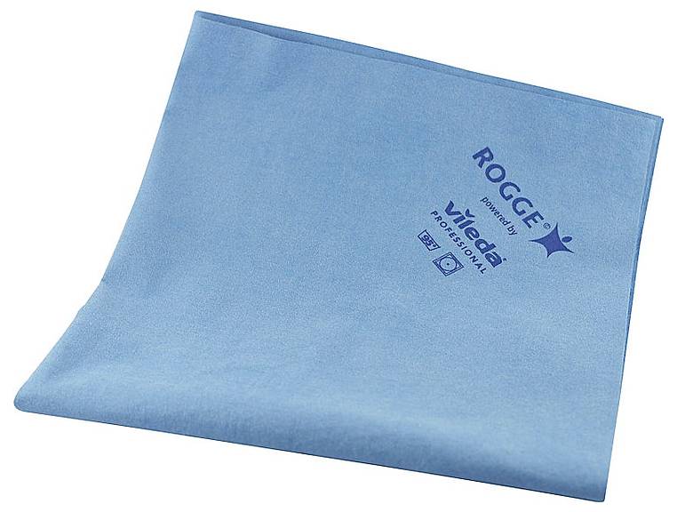 Un panno per la pulizia blu marchiato 'Rogge', con co-branding 'Vileda Professional', che mostra icone che suggeriscono l'idoneità per la pulizia.