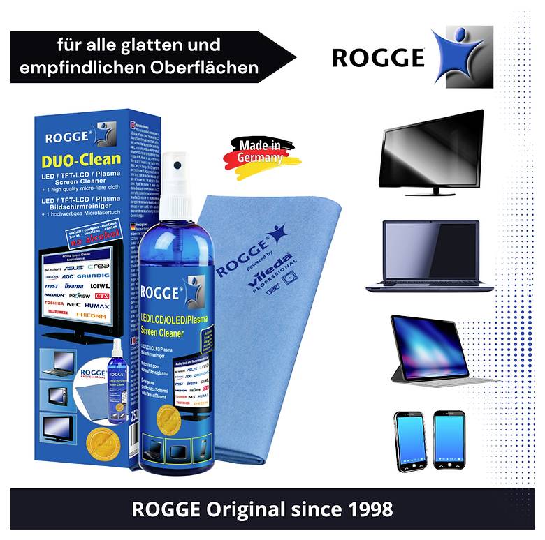 Set detergente 'ROGGE DUO-Clean' per schermi con flacone spray, panno per la pulizia ed elettronica, adatto per tutte le superfici lisce. Prodotto in Germania.