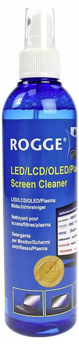 Bottiglia blu etichettata "Rogge Detergente per Schermi LED/LCD/OLED/Plasma" in più lingue con illustrazioni che suggeriscono l'uso per schermi.