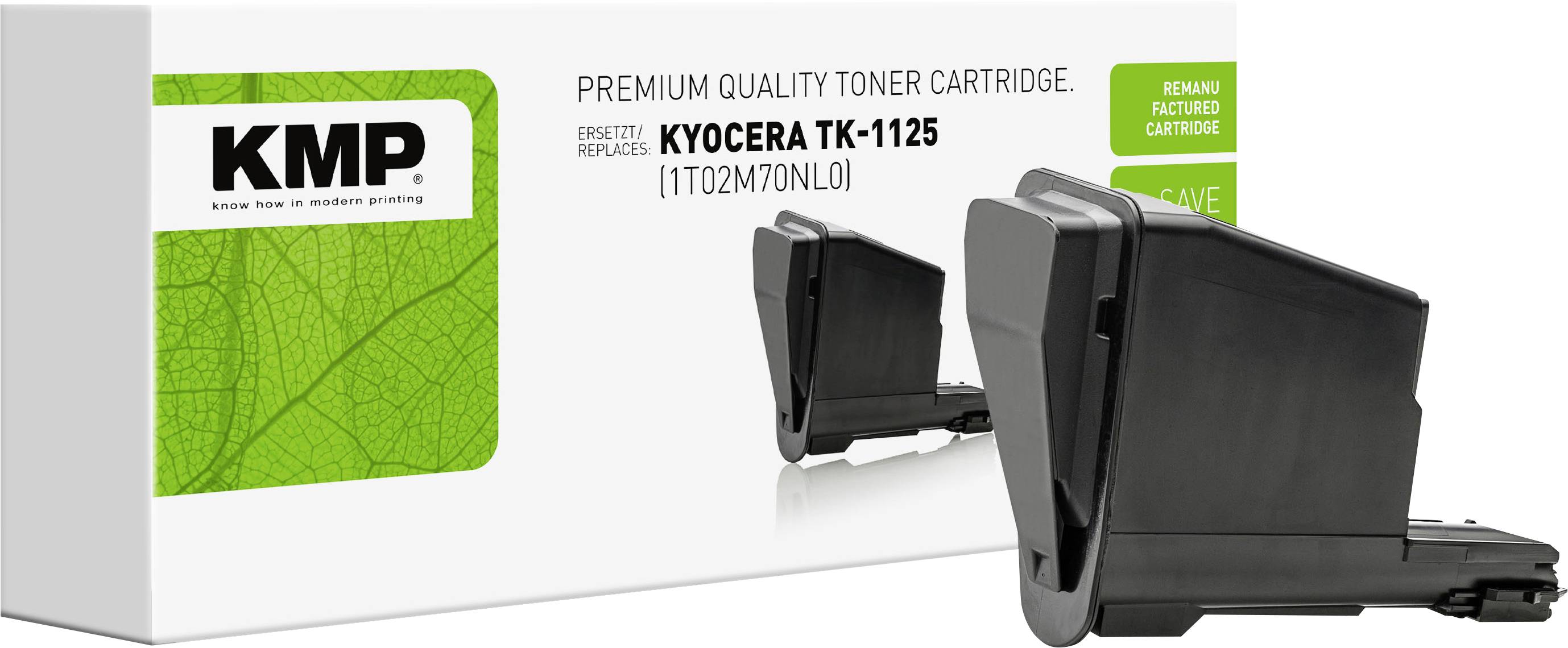 Cartuccia toner KMP di qualità premium per Kyocera TK-1125, mostrata in nero con confezione ed etichetta "cartuccia rigenerata".