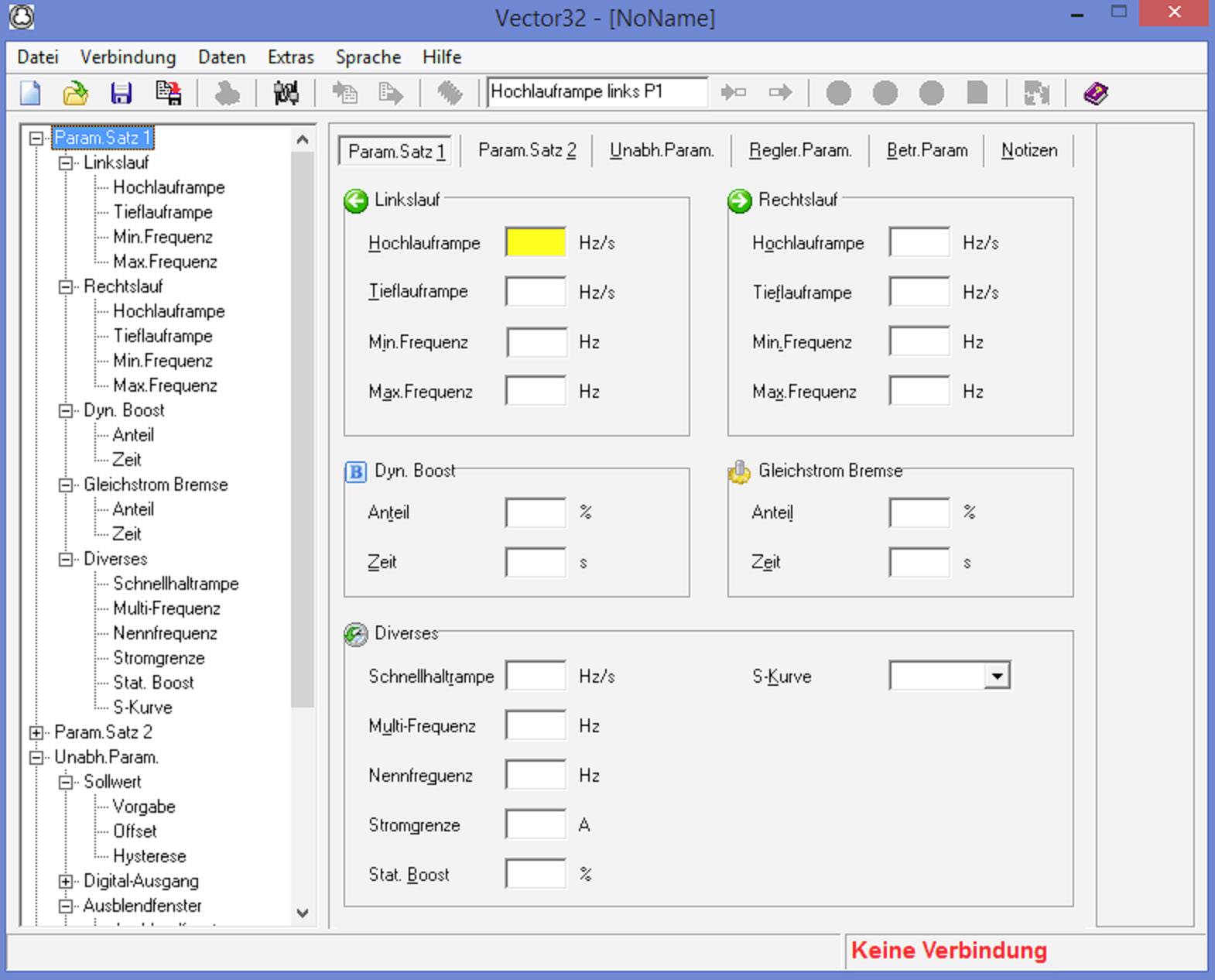 Interfaccia utente del software 'Vector32' mostra impostazioni parametriche per tipo di veicolo e parametri di prestazione, nessuna connessione attiva.