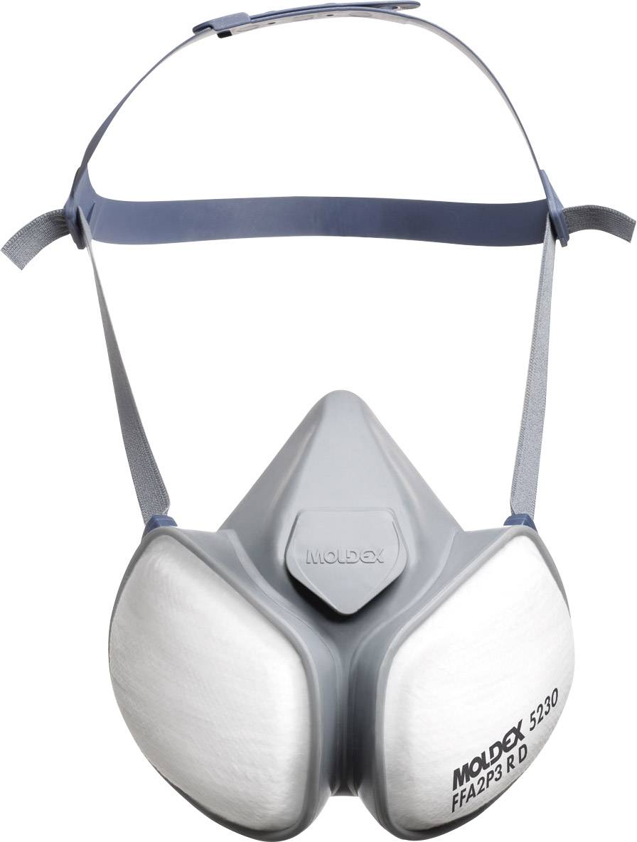 Maschera respiratoria con coperture in plastica grigie e cinghie regolabili, numero modello 'Moldex 5230 FFA2P3 R D'.