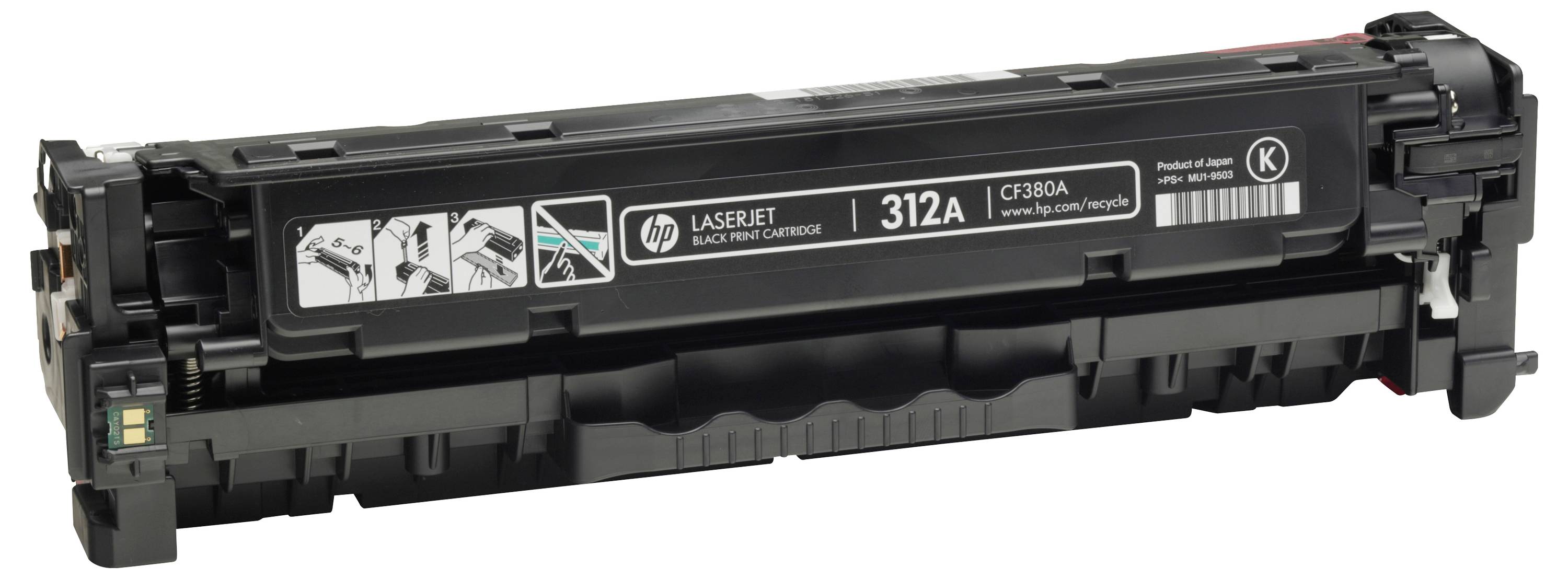 Cartuccia di toner HP LaserJet nera etichettata '312A' su sfondo bianco, mostrata in vista prodotto.