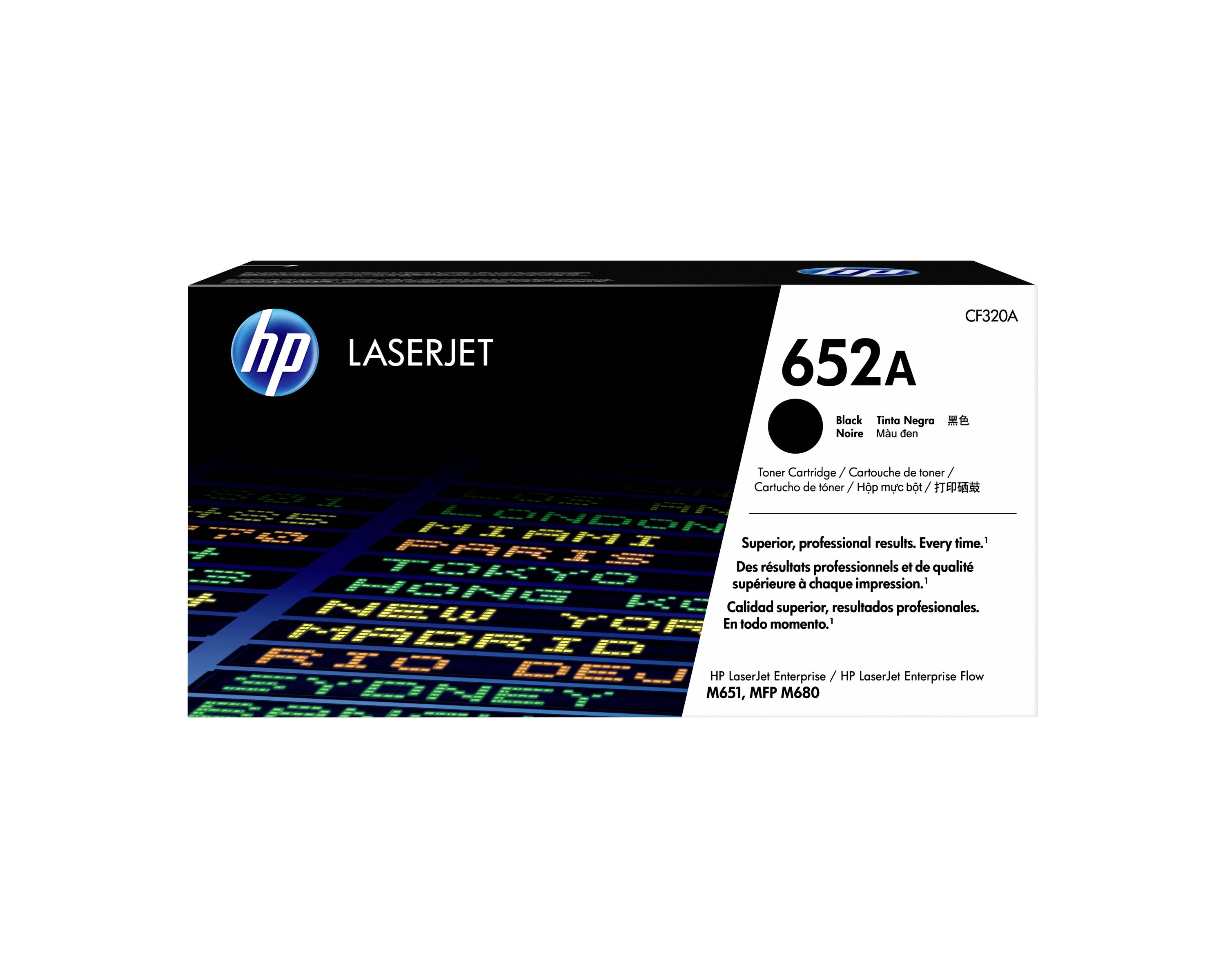 Cartuccia di toner nero HP LaserJet 652A in scatola, etichettata 'CF320A' per stampanti HP LaserJet Enterprise.