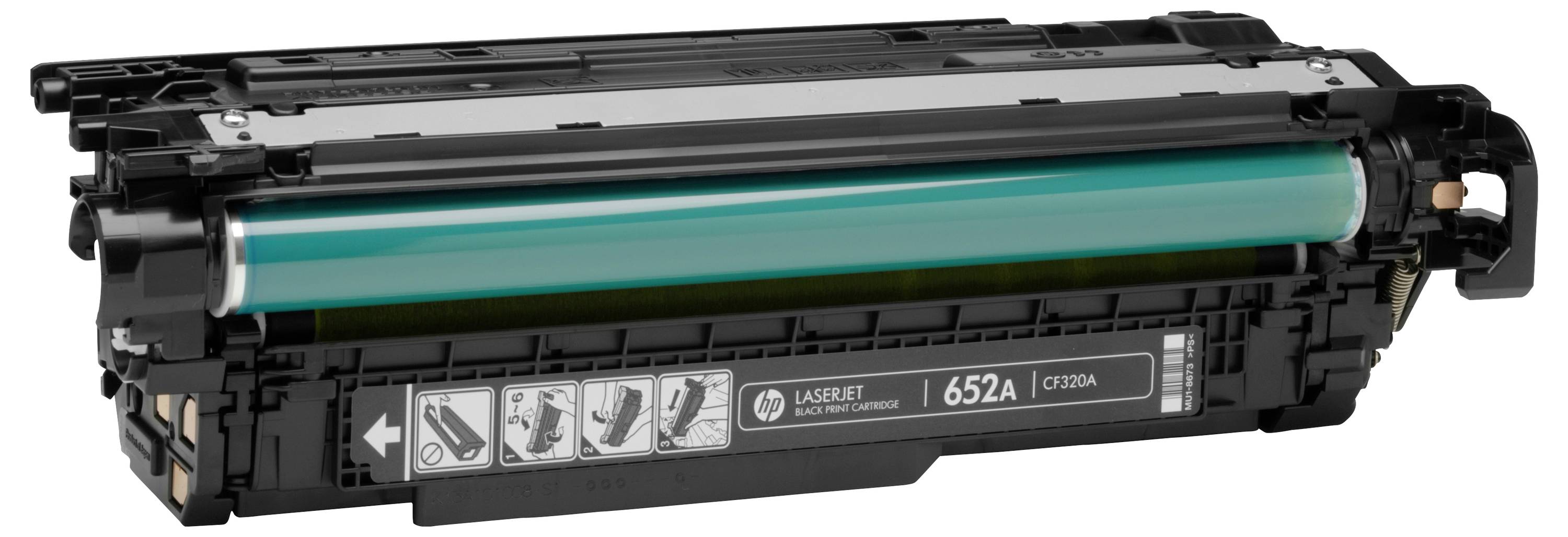 Cartuccia di toner per stampante nera con tamburo turchese ed etichetta "652A", mostrata su sfondo bianco.