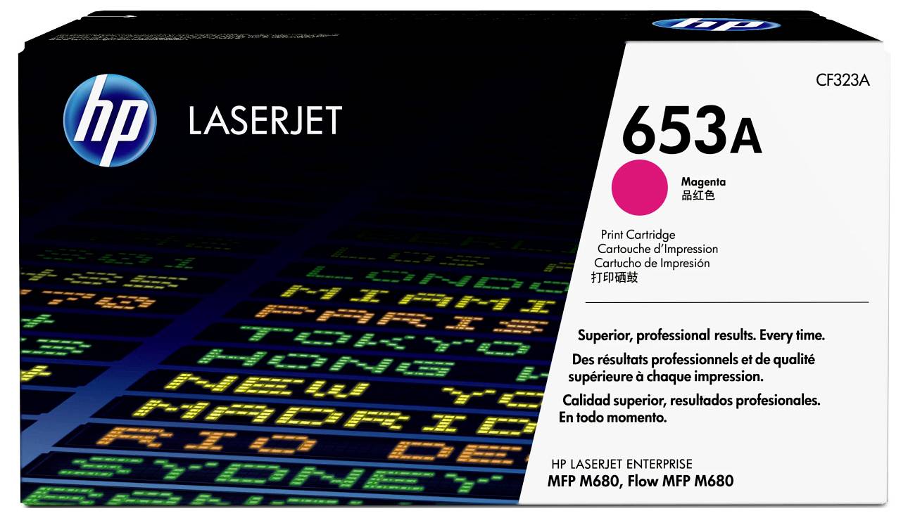 Cartuccia di toner magenta HP LaserJet 653A in confezione per stampanti HP LaserJet Enterprise MFP M680 e Flow MFP M680