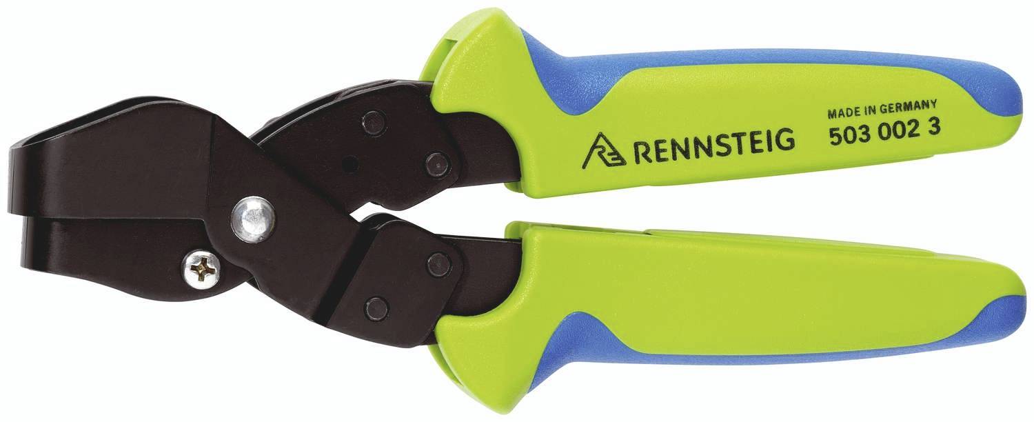 Pinza crimpatrice verde e blu del marchio Rennsteig, con la scritta 'MADE IN GERMANY 503 002 3'. Utilizzata principalmente per la crimpatura di cavi.